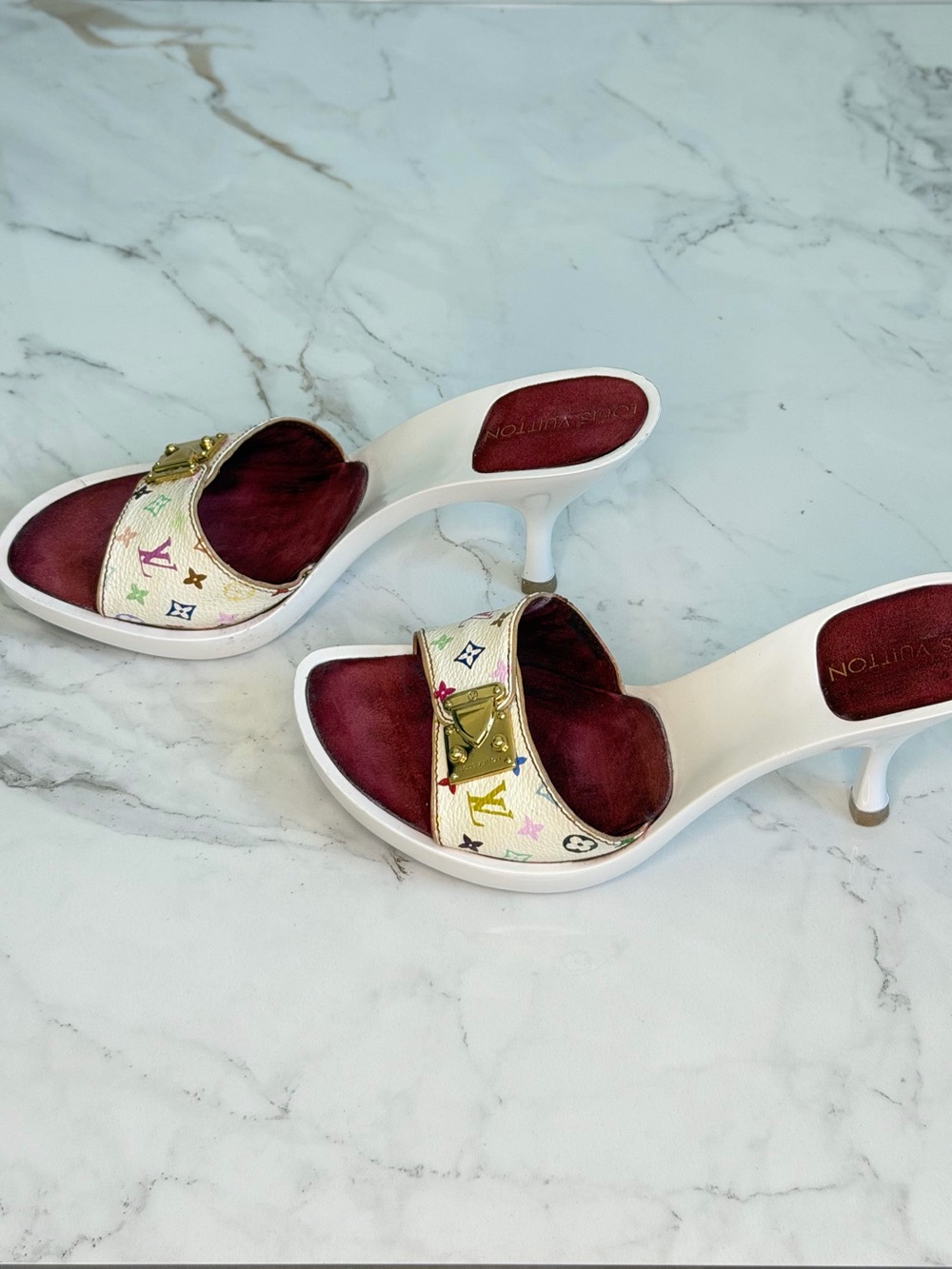 2002 Murakami Louis Vuitton White Multicolor Monogram Gold Buckle Mules - Picture 5 of 8